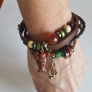 Leather adjustable bracelet with stone angel